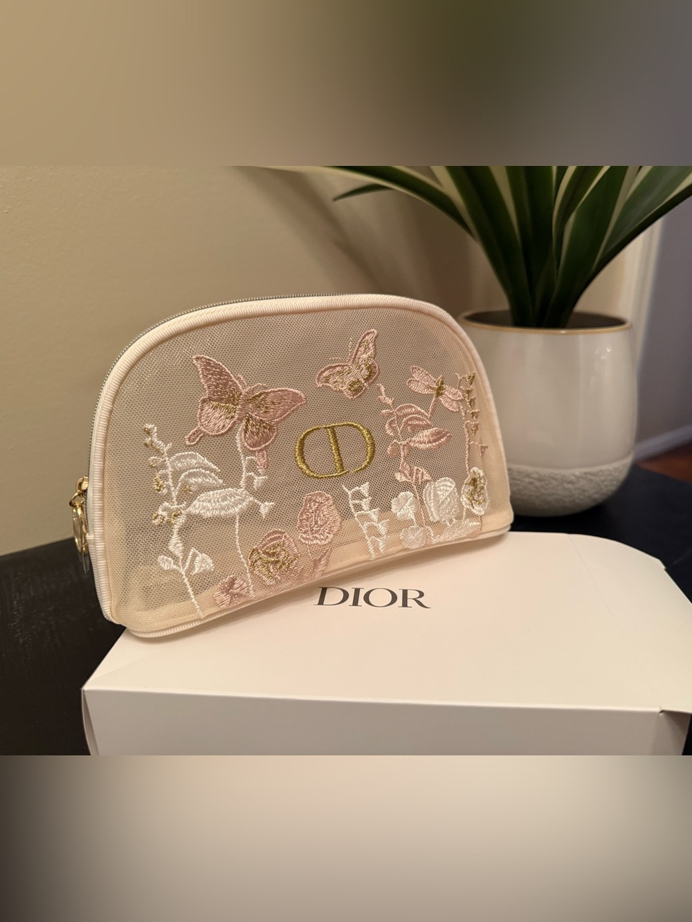Dior Beige Floral & Butterfly Embroidered Cosmetic Pouch with Gold Logo - Picture 3 of 7